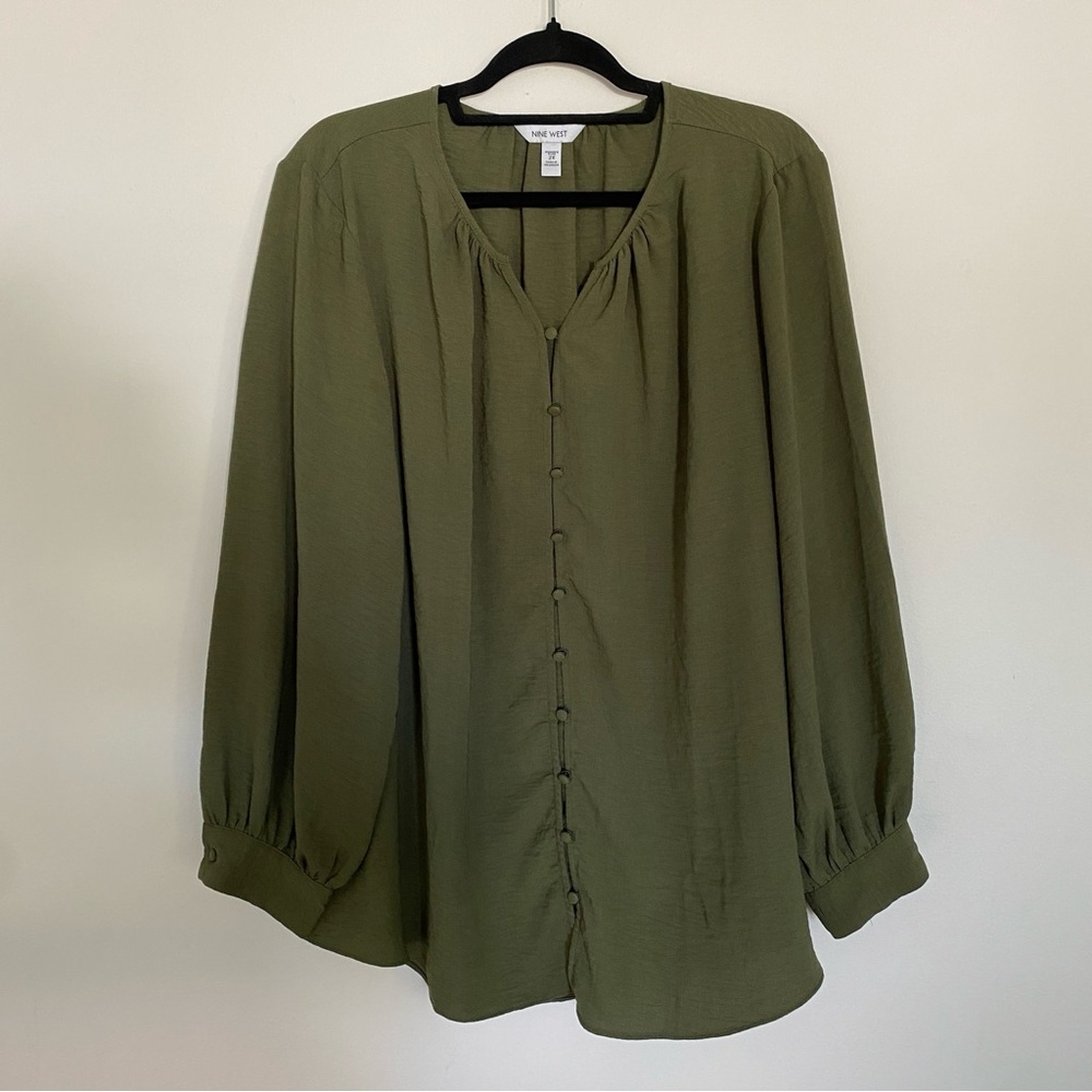 Nine West Olive Green Button-Down Blouse - Picture 2 of 5